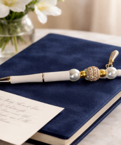 Elegant White Pen with Beads and Gold