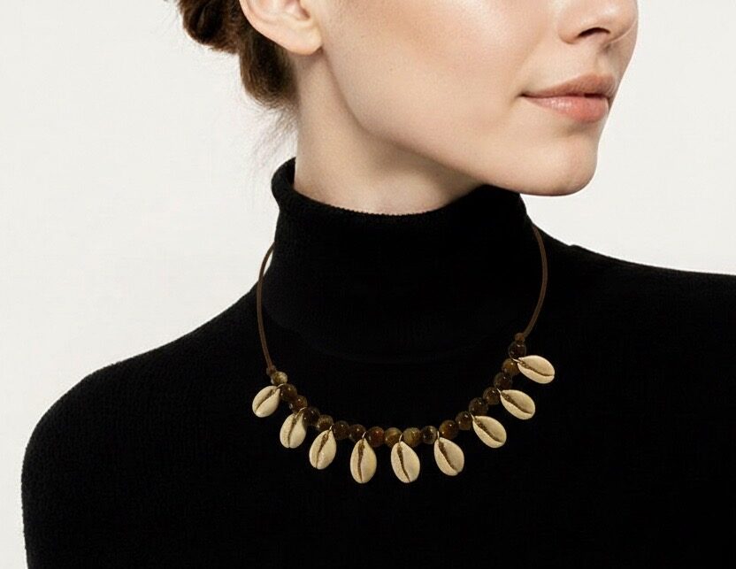 Brown Wood Beads and Cowrie Shells Necklace