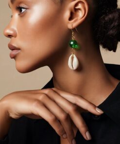 Green Bead & Cowrie Shell Earrings